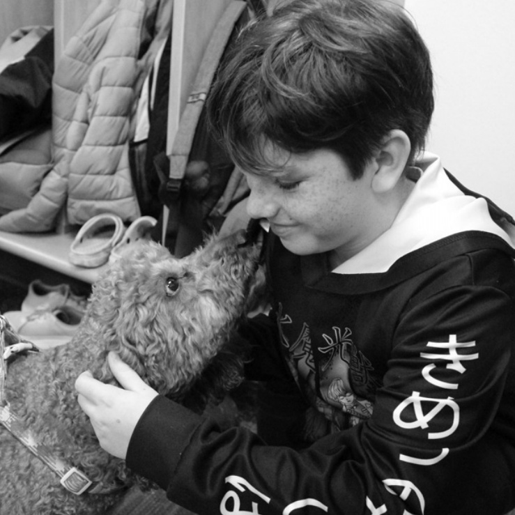 Pec Elementary School student Bruce Allen greets school companion dog Nyah during an impromptu interaction.