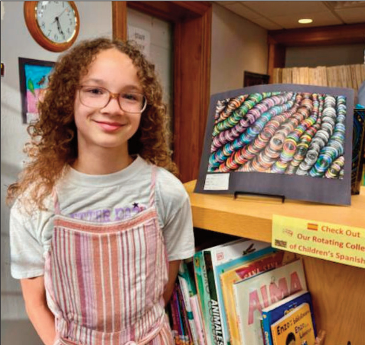 Aurelia, Grade 6, created a mixed-media piece titled Skittles, designed around the assignment of producing an illusion. To make it mesmerizing, she began with dark circle forms at the center and gradually built outward, adding additional circles that ripple in wave-like curves throughout the composition and giving the impression that the lines are stretching through the space. Using colored pencils, Aurelia shaded each "skittle," with deeper colors on the edges and lighter colors toward the centers, adding dimension and depth. She said she particularly likes the way the circles overlap in the middle, "because they look like eyes."