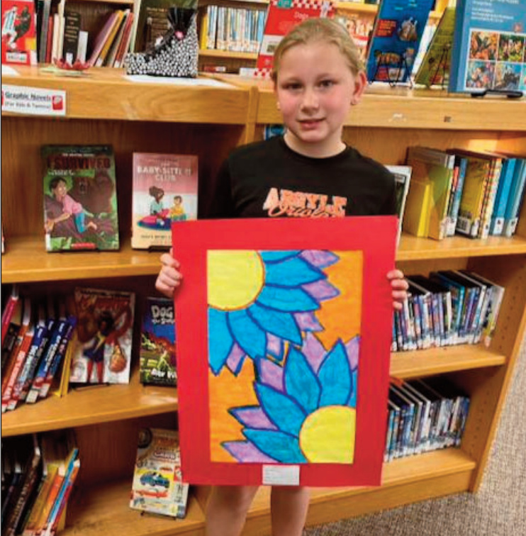 Reyn, grade 3, created a mixed-media painting titled Flowers as part of an assignment inspired by the artist Georgia O'Keeffe. For the composition, Reyn focused on close-up sections of flowers, rather than showing the whole blooms, similar to O'Keeffe's work. Reyn's favorite part of the painting is the way the ends of the petals overlap. She said she used the cool colors blue and purple for the petals, and warm colors for the flower centers and background, to create contrast, and really likes how it turned out.