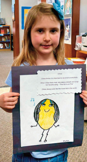 Zuzu, Grade 2, created a piece titled Chloe, and wrote a short narrative to accompany it. The assignment asked students to design a cartoon- style picture. Zuzu used Sharpie, crayon, and marker for her work. She especially likes how the hair turned out, noting the bright color at the front as her favorite detail. She chose the name "Chloe" because it feels calm and peaceful to her. Zuzu said Chloe is someone who feels that, "it's important to be kind to others so that people don't feel bad." Outside of the classroom, Zuzu enjoys writing and illustrating her own books.