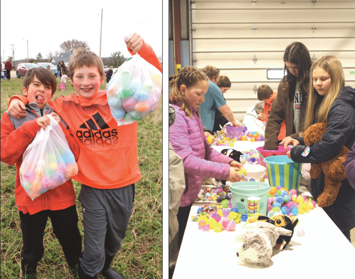 Elwood Mowry and Fred Barnes showing off their spoils from the Easter Egg Hunt. Haven Hampton and Naydeen Gilbertson search through all of their eggs for candy along with opportunities for prizes