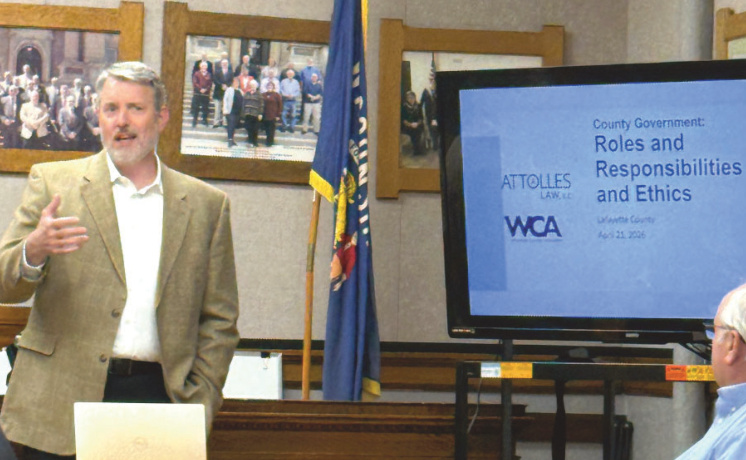 Attorney Andy Phillips gave the Lafayette County Board of Supervi- sors a refresher powerpoint on County Government Roles and Respon- sibilities and Ethics. Photo by Kayla Barnes.