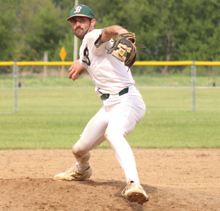 Dakota Doescher delivers a pitch during Home Talent baseball action on Sunday. Photo by Kayla Barnes.