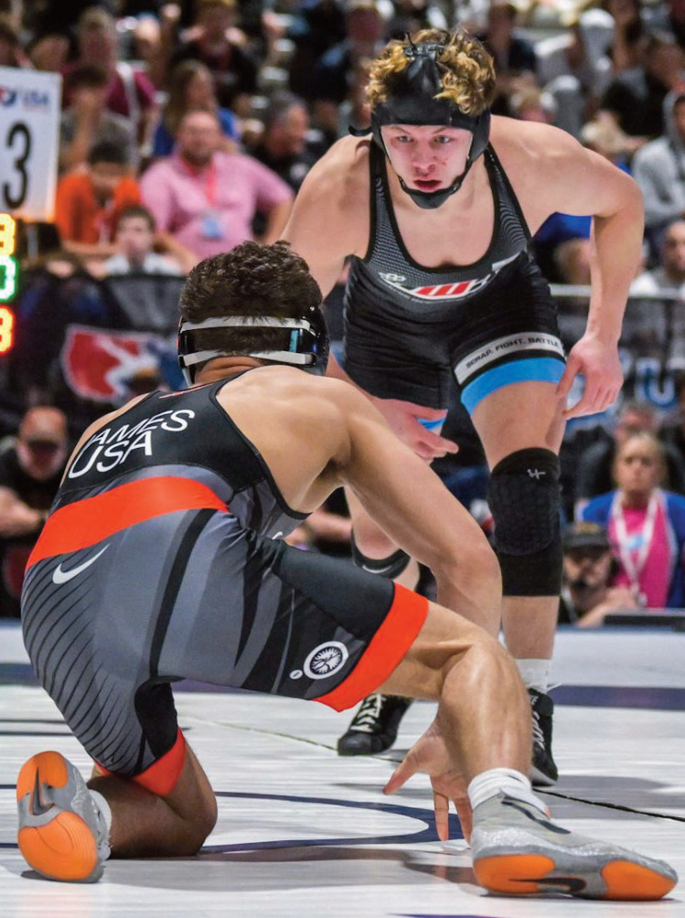 Haakon Peterson looks to move in for a takedown and points in one of his matches at Las Vegas. Photo by Bret Peterson.