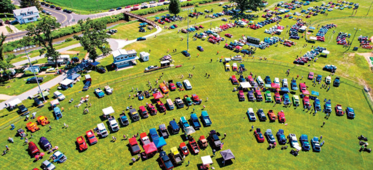 Aerial picture of vehicles in the car show