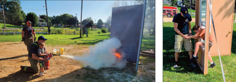 Local Blanchardville Fire Department volunteer members run participants through safety measures on how to safely extinguish a grease fire and to exit their bedroom out the window. Photos by Kalie Steadman