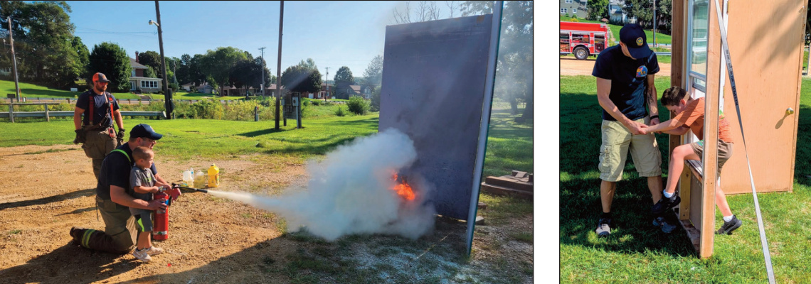 Local Blanchardville Fire Department volunteer members run participants through safety measures on how to safely extinguish a grease fire and to exit their bedroom out the window. Photos by Kalie Steadman